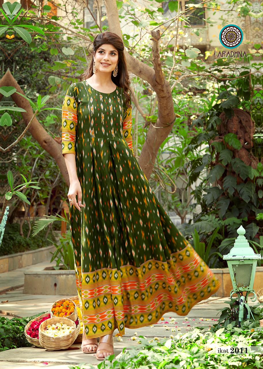 Aradhna Ikat 2 Heavy Rayon Designer Printed  Anarkali Long Kurti Collection